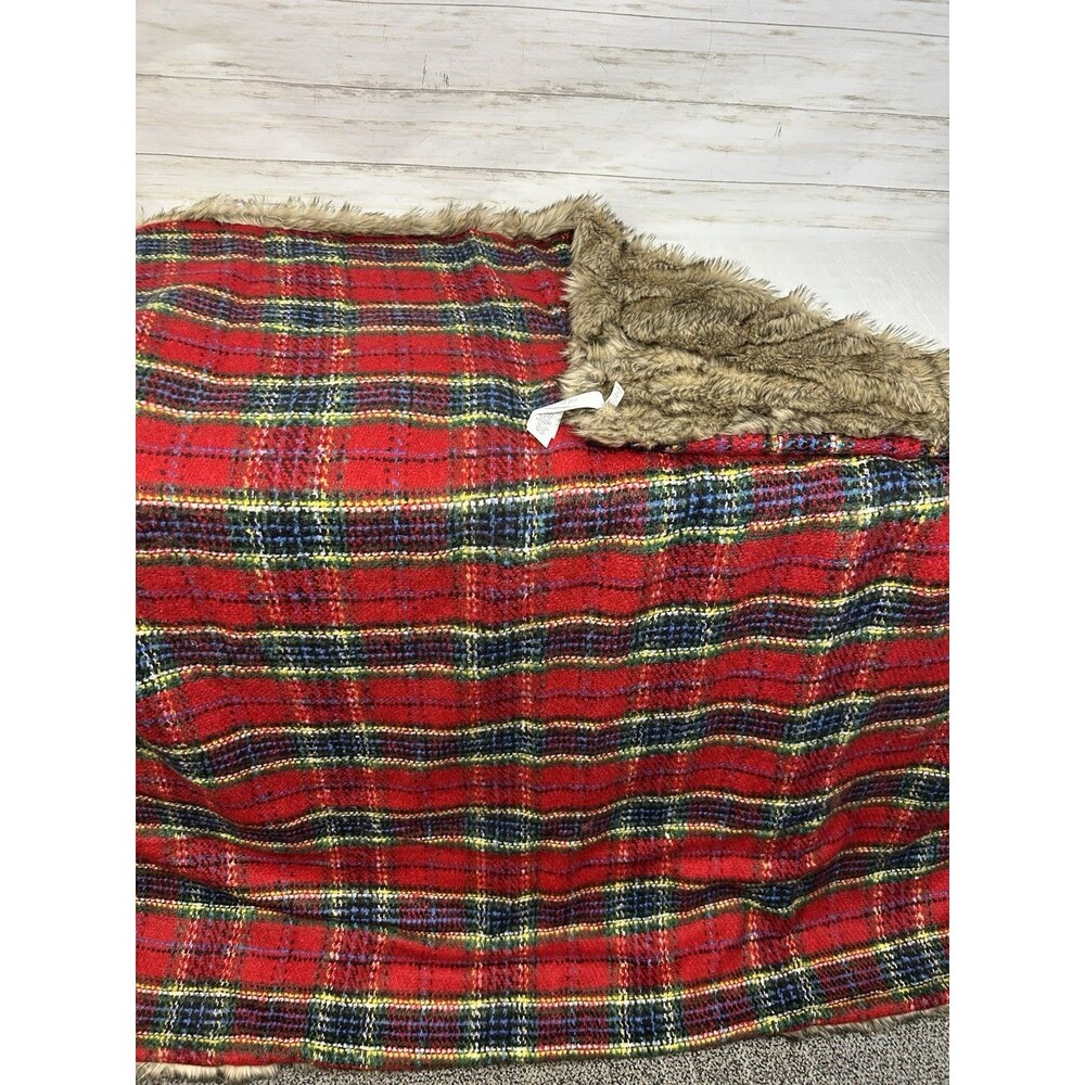 Pottery Barn Stewart Plaid Faux Fur Backed 50" x 60" Throw Blanket Red / Blue